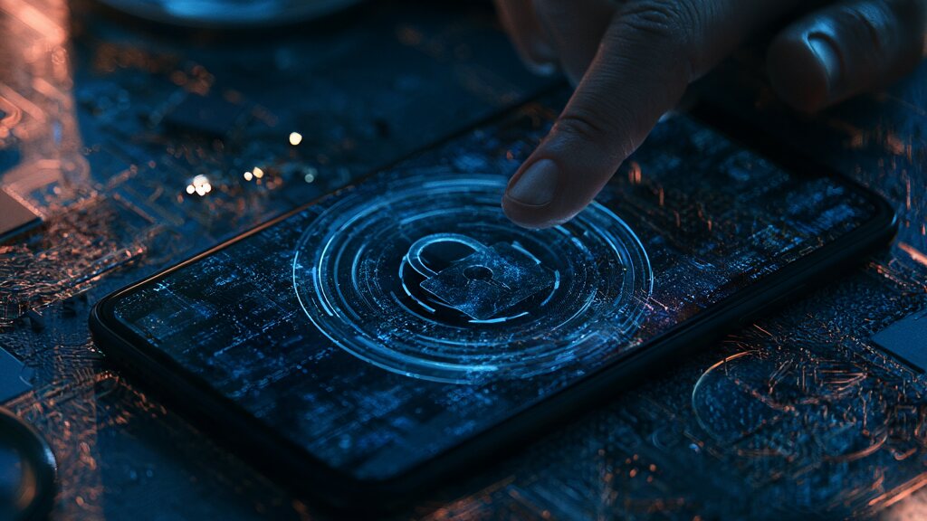 Finger berührt ein leuchtendes Fingerabdruck-Symbol auf einem Gerät über einer Platine