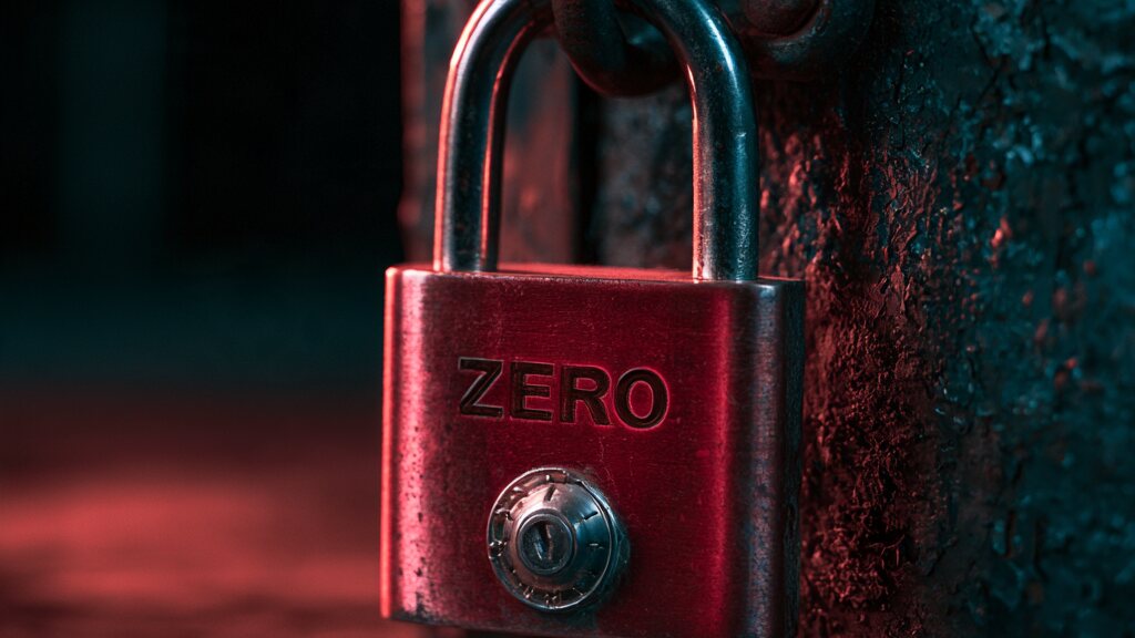 Rotes Vorhängeschloss mit der Aufschrift ZERO an einer rostigen Stahltür